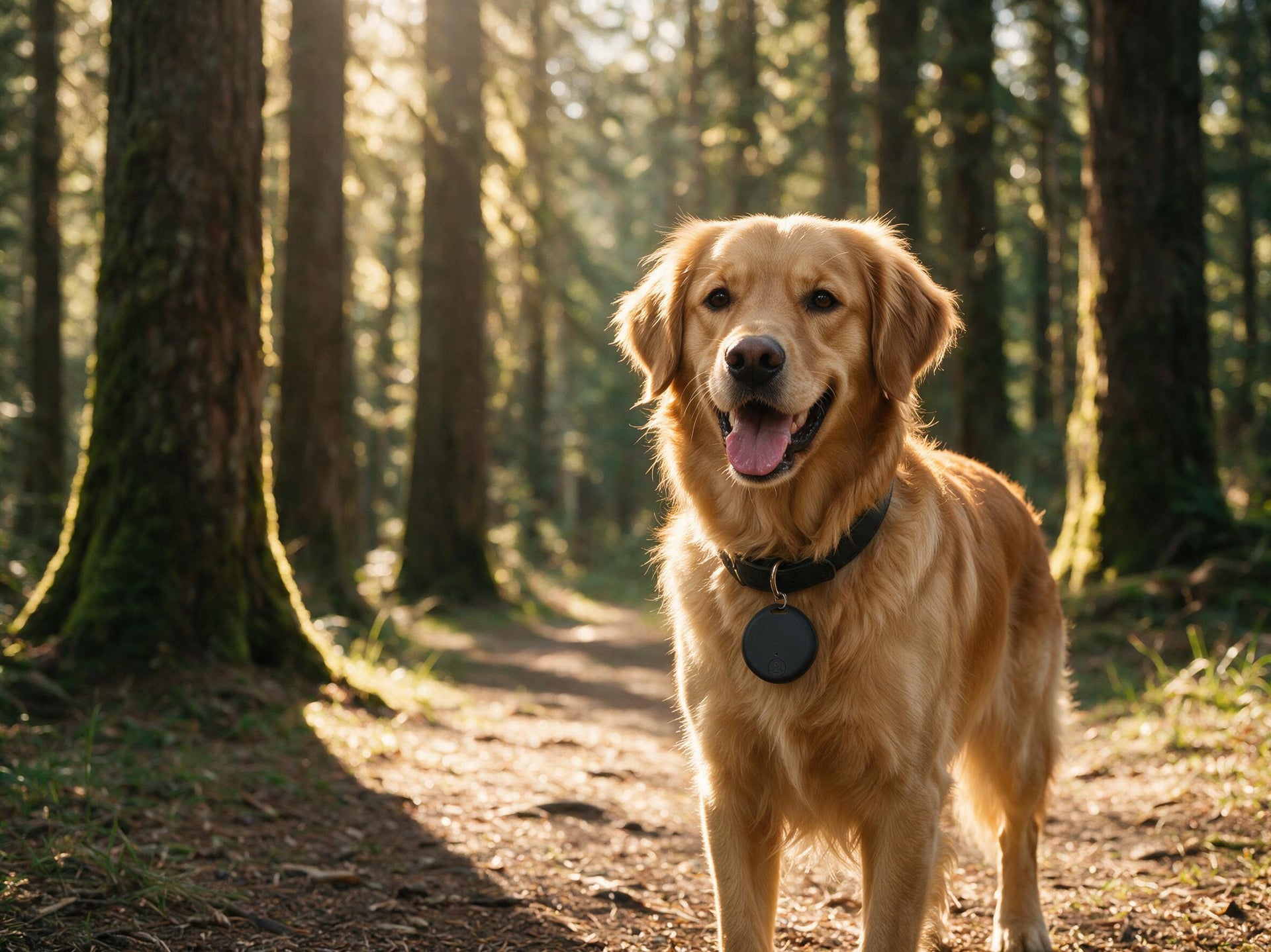 Golden retriever con collar GPS en un bosque